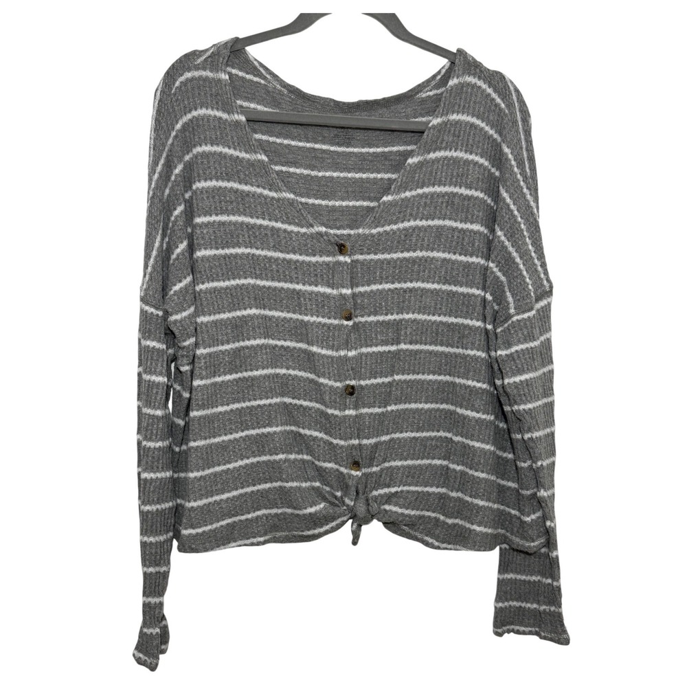 American Eagle Soft & Sexy Plush Waffle Knit Tie Front Button Top Grey Striped L